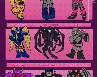 May include: A sheet of Transformers One vinyl stickers featuring cartoon illustrations of various characters. The stickers include B-127, Orion Pax, Elita-1, Sentinel Prime, Airachnid, D-16, Shockwave, Soundwave, and Starscream. The Elita-1 sticker is 2.7 inches tall.
