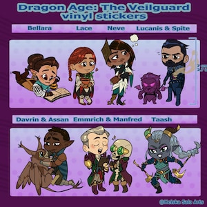 May include: Vinyl stickers featuring characters from Dragon Age: The Veilguard. The stickers include Bellara, Lace, Neve, Lucanis & Spite, Davrin & Assan, Emmrich & Manfred, and Taash. Each sticker is approximately 7 cm tall. The stickers are on a purple background.