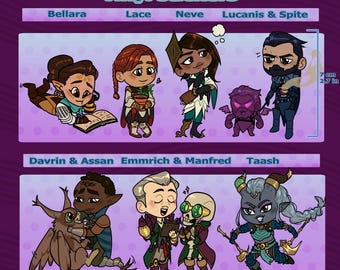 May include: Vinyl stickers featuring characters from Dragon Age: The Veilguard. The stickers include Bellara, Lace, Neve, Lucanis & Spite, Davrin & Assan, Emmrich & Manfred, and Taash. Each sticker is approximately 2.7 inches tall. The stickers are on a purple background.