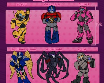 May include: A sheet of vinyl stickers featuring six cartoon Transformers characters: B-127, Orion Pax, Elita-1, Sentinel Prime, Airachnid, and D-16. The stickers are approximately 2.7 inches tall. The text "Transformers One vinyl stickers" is at the top.