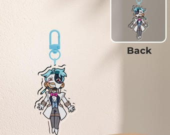 May include: A double-sided anime-style charm featuring a character with blue and white hair, a black and white mask, and a pink bow tie. The charm is attached to a light blue clasp. The back of the charm is also visible in a smaller inset image.
