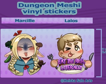 May include: Vinyl stickers featuring characters from Dungeon Meshi. One sticker shows a blonde character with a distressed expression. The other sticker shows a character holding a fork and knife with the text "EAT THE RICH, LITERALLY". The stickers are 2.7 inches tall.