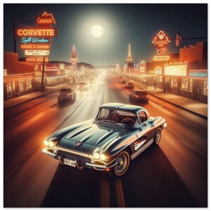 Classic Car on Route 66 Poster | Retro Night Scene for Mancave, Garage & Bar Decor