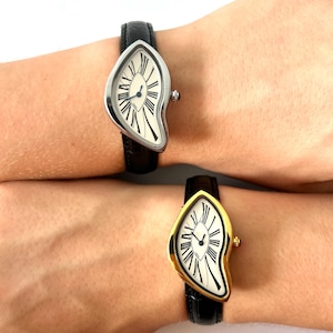 Reloj vintage de plata y oro - Diseño surrealista, esfera distorsionada, elegante correa de cuero negro, estilo retro, regalo genial para él Dali