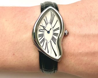Vintage Silver and Gold Watch Surreal Design Distorted Dial Chic Black Leather Strap Fade Timepiece Retro Classic Dali Wristwatch Crash