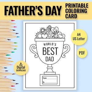 Father’s Day Coloring Greeting Card From Kids, Best Dad Trophy Greeting Card, Printable Father’s Day Gift, Coloring Activity, Color Your Own
