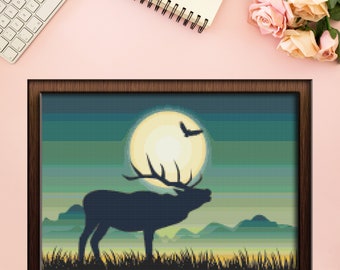 Wildlife Caribou Moon Cross Stitch Pattern - Instant Digital Download