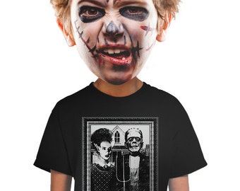 horror movie parody t-shirt frankenstein and bride american gothic boys tee Grant wood fan for geeks artists boys shirts elvira funny scary