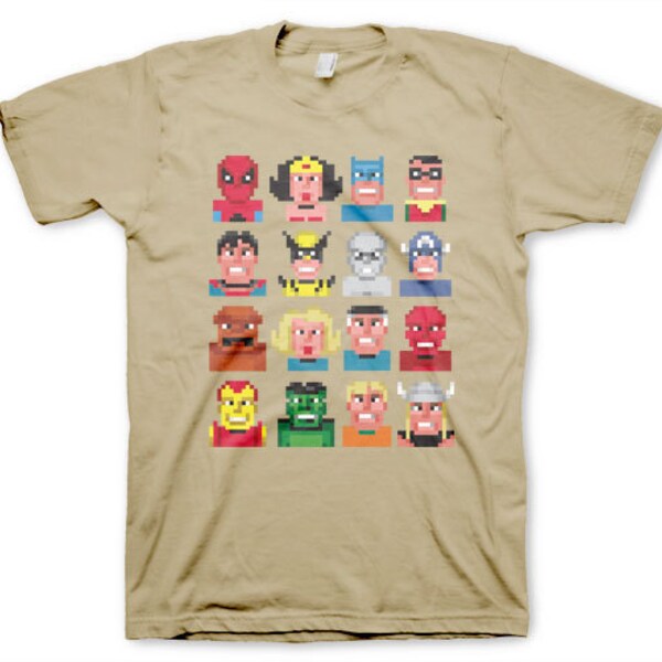 Superpixels Men's Cool Superhero Lowbrow Funny Geeky Sand Colored T-shirt in S, M, L, XL