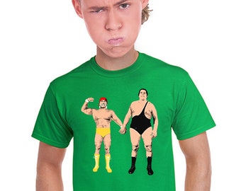 andre the giant, hulk hogan, t-shirt, wrestling t-shirt, funny tee, lucha libre, geeky, lowbrow, fans of pro wrestling, retro design, s-4xl