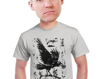 crow t-shirt cool artsy raven bird drawing mens bird watchers t-shirt Audubon block print Bird lovers animal design t-shirt  s-4xl