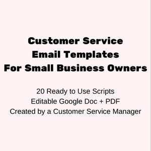 Może przedstawiać: Jasnoróżowa grafika z czarnym tekstem. Tekst brzmi "Szablony e-mail do obsługi klienta dla właścicieli małych firm". Dodatkowy tekst zawiera "20 gotowych skryptów" i "Edytowalny Dokument Google + PDF".