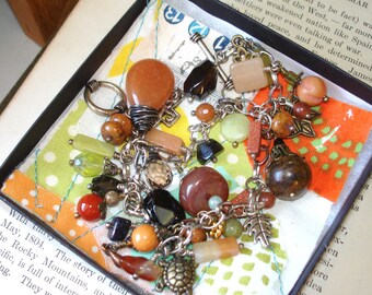 Gemstone Charm Bracelet - Gypsy Treasure Bohemian Bangles Shades of Autumn - Jade, Sun Sitra, Carnelian, and Aventurine