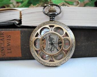 Victorian Era Bronze Mechanical Pocket Watch - Bridge Dial - Watch Chain - Mens Gift - Wedding Gift - See Thru Dial,    BX9 C8