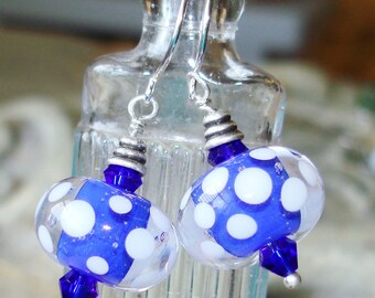 Boro Glass Lampwork Earring Polka Dots - Blue and White - One of a Kind - Artist Lampwork    BX8 C1