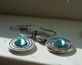 Celtic Spiral Drop Earrings - Swarovski Crystals - Silver Earrings - Light Turquoise Crystals   BX 9 C8