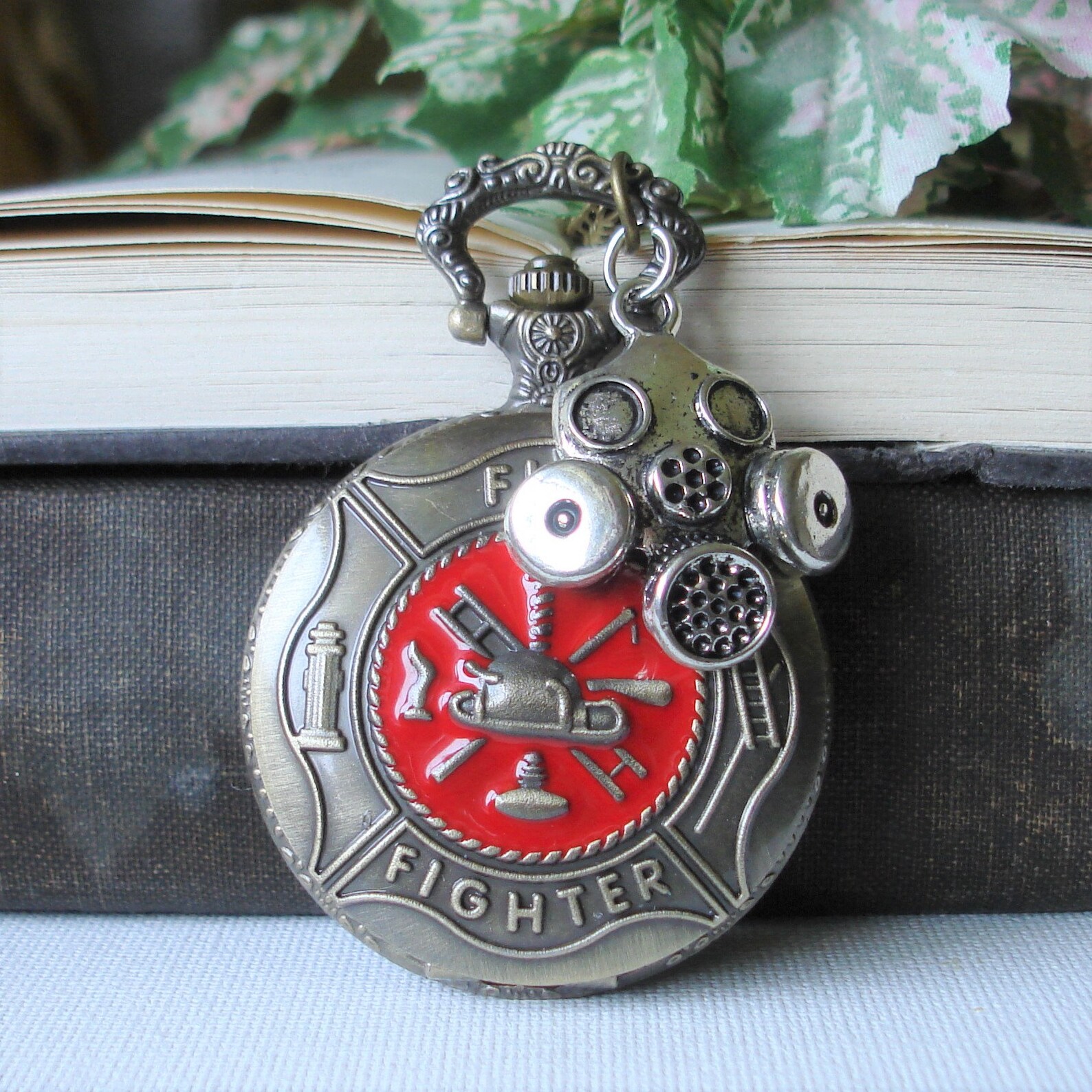 Fire Fighter Pocket Watch Bronze and Red Chain and Fob Etsy