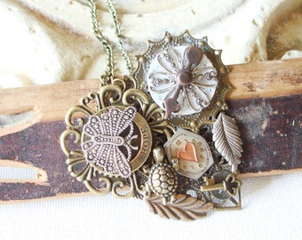 Hope - a Sweet Heart full of Love -  Metal Collage Steampunk Necklace Butterfly Turtle Heart Key Leaf Spinner Watch Dial  BX8 C66