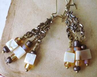 Mother of Pearl, Brass Chandelier Earrings  BX7 C1