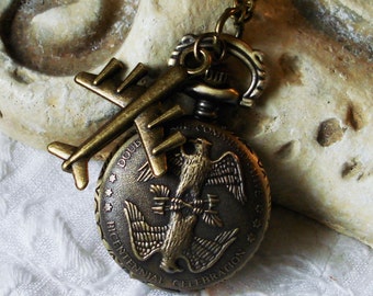 Necklace - Miniature Double Eagle Steampunk Pocket Watch   BX9 C516