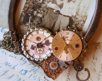 Sweetheart Steampunk Necklace - Times Past Collage - Vintage watch parts, direction arrow, crystals, filigree - OOAK  BX1 C1