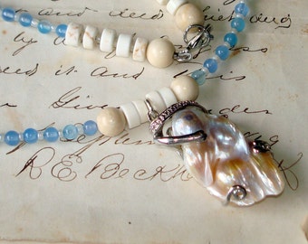 Genuine Freshwater Baroque Pearl Necklace - Riverstone Beads, Howlite Rondelles,  Chalcedony gemstones  BX8 C16