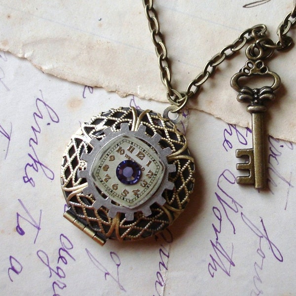 Sweet Secret Hiding Place Filigree Locket Necklace Vintage Watch Dial Swarovski Crystal   BX8 C17