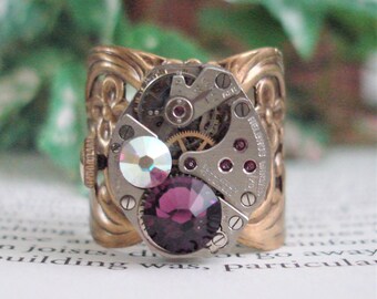 Steampunk Ring Vintage Watch Dial Jewelry - Vintage Clockwork Ring Bronze Base - Amethyst and Crystal AB Swarovski Crystals  BX9 C12