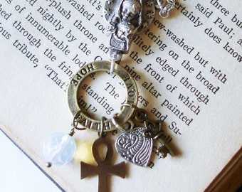 Faith Hope and Love Symbolic Christian Faith Necklace Silver Rosary Connector with Mother and Child Madonna Cross Moonstone Key BX8 C12