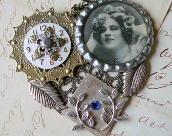 Heart Collage Girl of My Dreams Sweetheart Steampunk Necklace Vintage Watch Dial Metal Collage Artist Assembly BX7 C68 C9