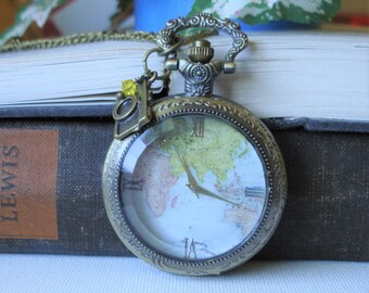 Womens World Map Pocket Watch Necklace, Antique Map Necklace, Globe Necklace, Vintage Map Necklace  BX9 C14