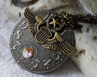 Steampunk Military Necklace, Pewter Clock, Military Insignia, Cosplay Larp Steampunk Regalia, Costume Play, Larp, Wings and Shield, C 9 7