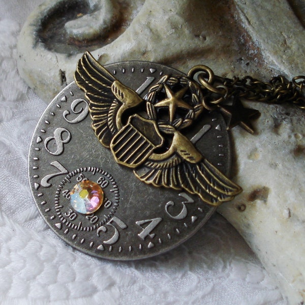 Steampunk Military Necklace, Pewter Clock, Military Insignia, Cosplay Larp Steampunk Regalia, Costume Play, Larp, Wings and Shield, C 9 7