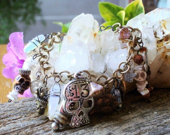 Out of the Garden Came Good and Evil Talisman Charm Bracelet, Skulls, Cats paw, Moonstones, Deaths head, hamsa C 8 4