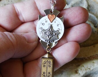 Steampunk Artist Creation - Stainless Steel Cross, Copper Heart, Watch Dial - One of a Kind   BX C14