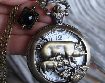 Mother Sow, Piglets, Quartz Antiqued Bronze Pocket Watch Necklace or Watch Chain,Black Howlite Charm  BX8 C15