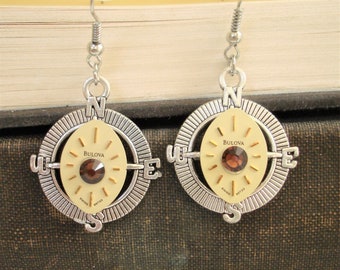 Vintage Watch Dial Earrings - Swarovski Crystals Smoked Topaz - Silver Compass Rose setting  BX9 C10