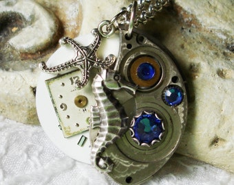 Steampunk Necklace Watch Movement Capri Blue Swarovski Crystals Silver Seahorse   BX8 C8