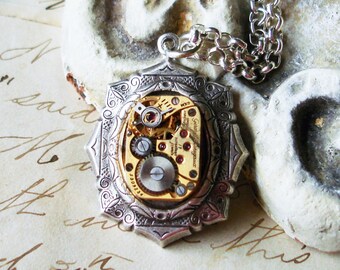 Antique Silver Steampunk Art Deco Necklace Vintage Gold Watch Movement Necklace C 9-4