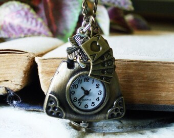 Lucky LIttle Purse Pocket Watch Necklace for the Gambler  - Lucky Four Leaf Clover - Royal Flush - Lucky Number 7 BX9 C15