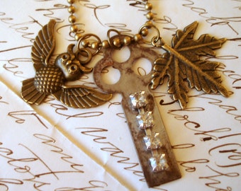 Rhinestone and Vintage Key Blank with Owl and Maple Leaf, Necklace  BX7 C4