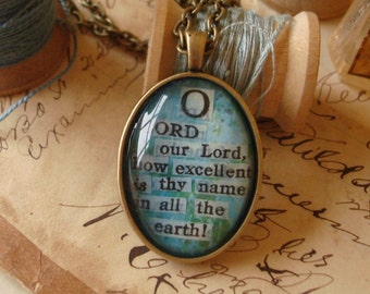 Oh Lord How Excellent is Thy Name Oval Brass Pendant Necklace Inspirational Message Bible Verse Words of Life  BX9 C12