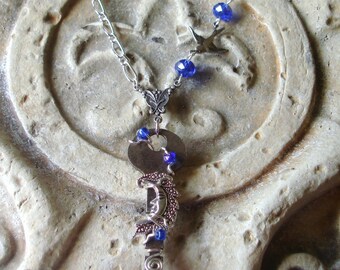 Vintage Key Moon Maiden Sapphire Blue Pendant Necklace - Fairy Girl - Water Sprite, Moon Lady -  BX8 C2