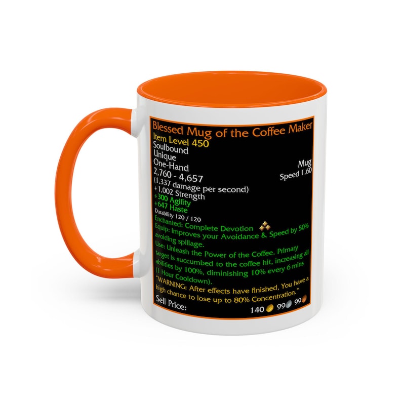 Legendary loot - Blessed Mug of the Coffee Maker - MMORPG Gaming Mug - RPG Coffee Stats Mug - Coffee Mug Game Statistics White/Orange - 11oz