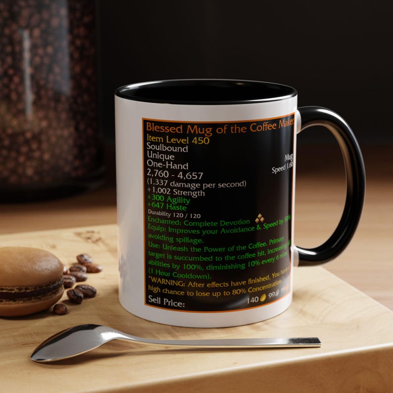 Legendary loot - Blessed Mug of the Coffee Maker - MMORPG Gaming Mug - RPG Coffee Stats Mug - Coffee Mug Game Statistics White/Black - 11oz