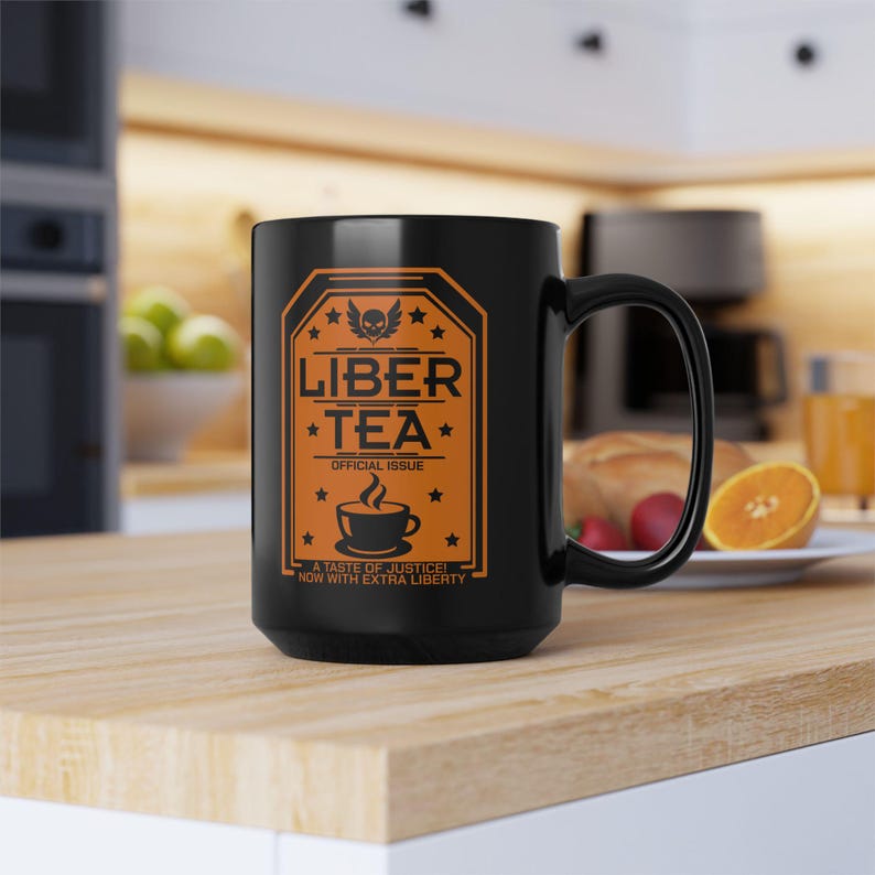Liber-Tea Mug - A Taste of Justice, Now With Extra Liberty -Funny Parody Tea Pun Gift, Freedom Mug for Tea Lovers, Patriotic Coffee Cup Black Skull - 15oz