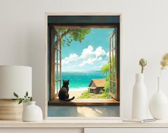 海辺の猫窓をプリントしたアート – 居心地の良いインテリアのための