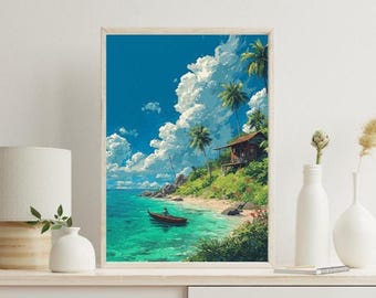 Tropical Beach House Print, Serene Ocean Landscape (Digital Download)
