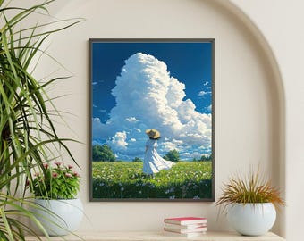 Cloud Meadow Art Print, Dreamy Sky, Blue Green Nature Poster (Digital Download)