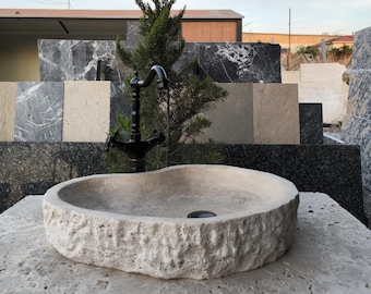 Travertine Marble Sink, Natural Stone Bathroom Basin, Handmade Vanity Sink